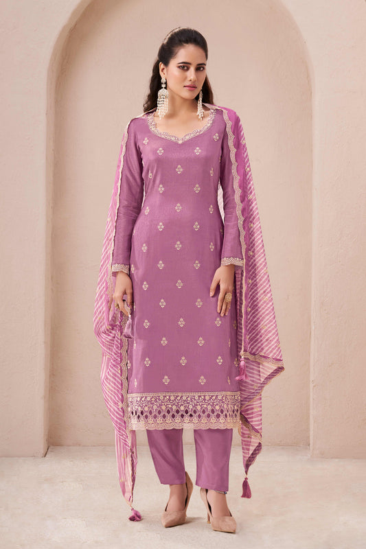 Purple heart munga silk embroidered chudidhar material with printed dupatta