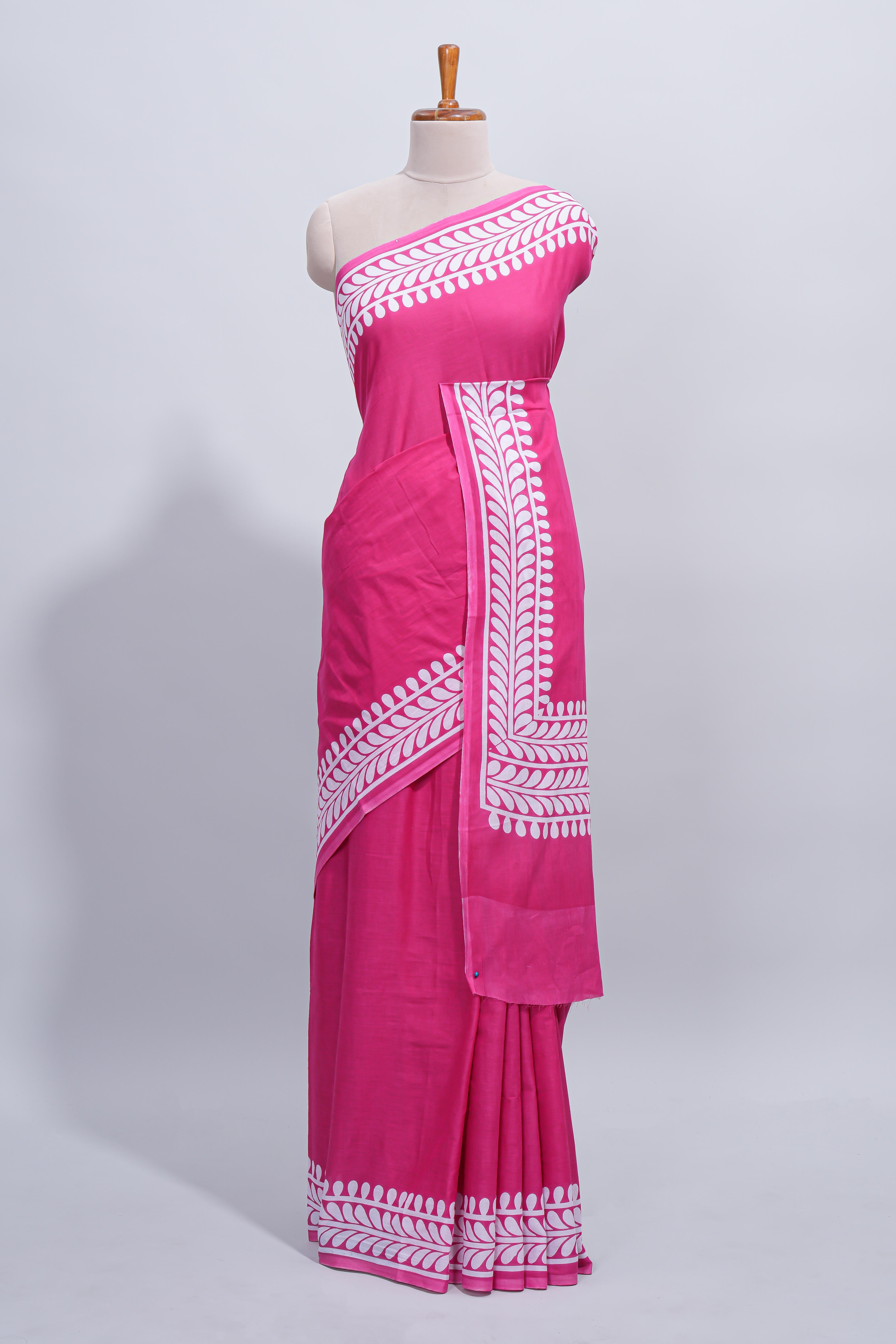 Pink plain mul mul cotton saree with self border and matching blouse