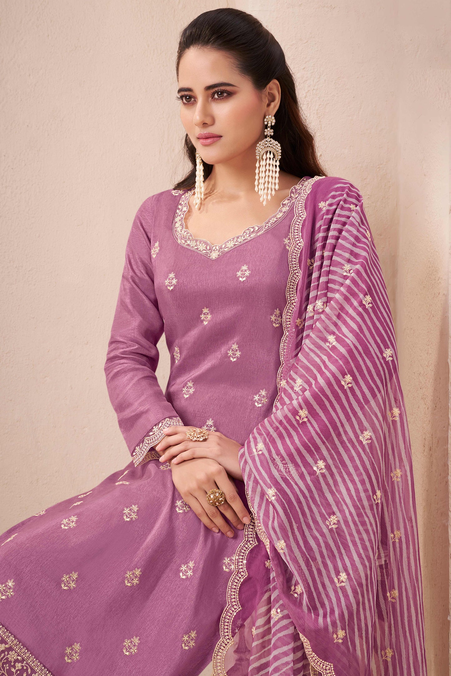 Purple heart munga silk embroidered chudidhar material with printed dupatta