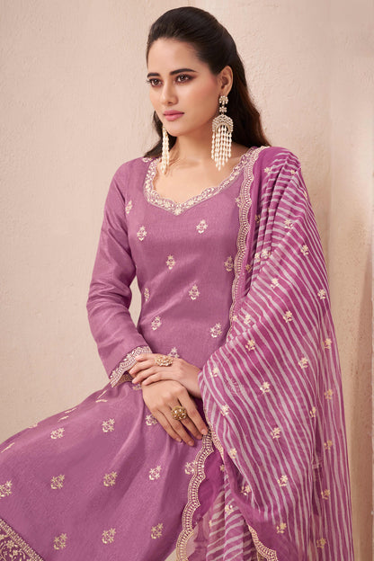 Purple heart munga silk embroidered chudidhar material with printed dupatta