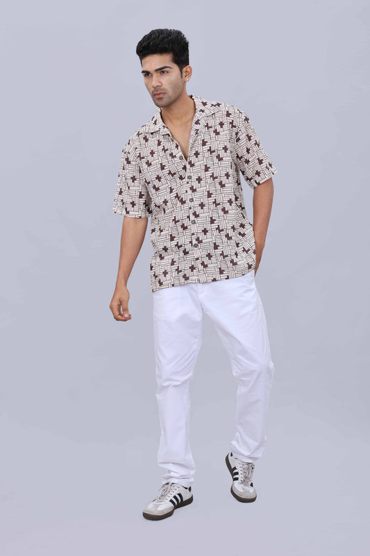 Men’s Baggy Fit Casual Shirt in Popcorn Fabric with Fancy Printed Collar