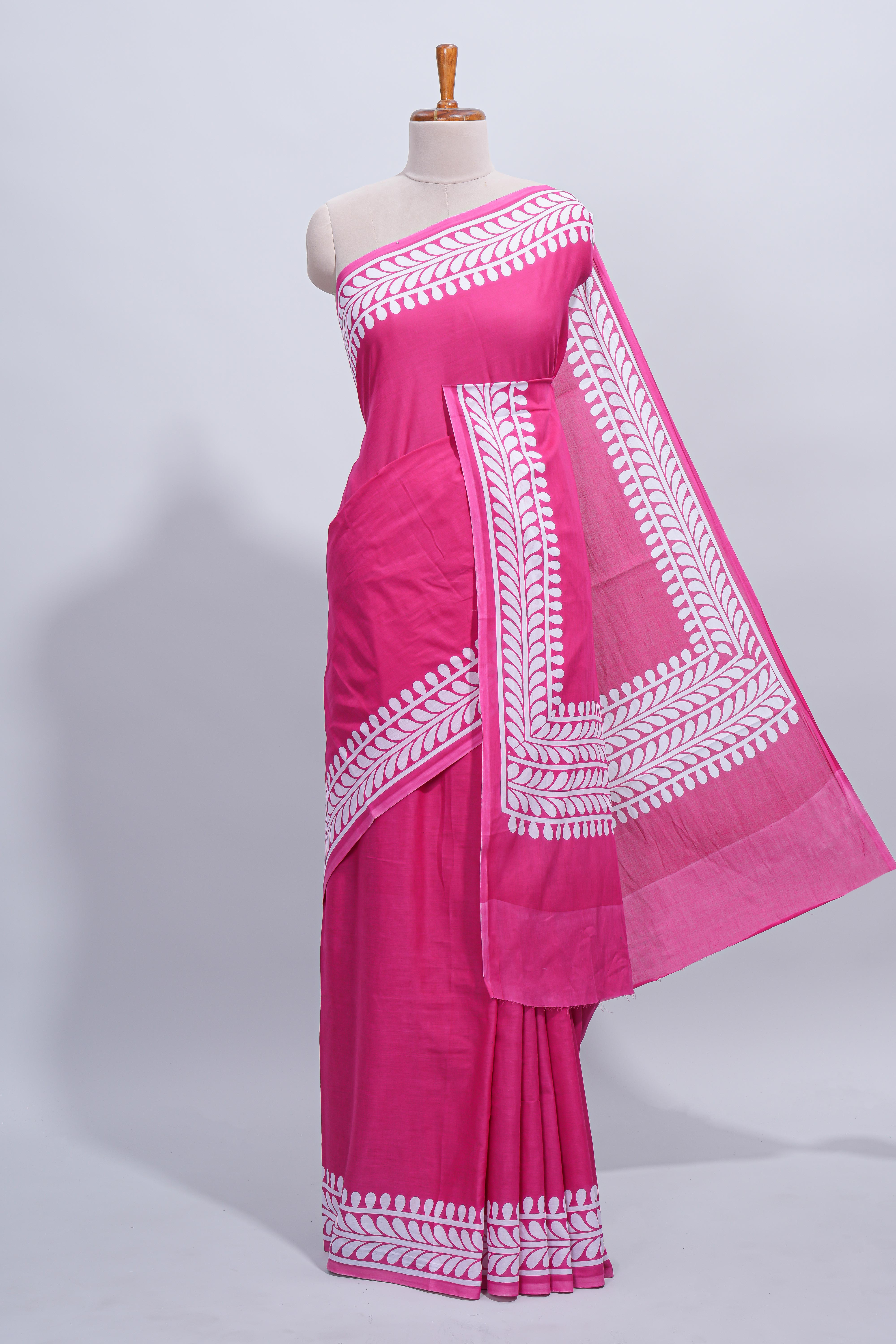 Pink plain mul mul cotton saree with self border and matching blouse