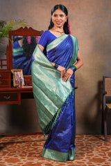 Blue colour Semi Silk Saree Gold Zari Lines and small buttas with Woven Zari Border and Contrast Blouse