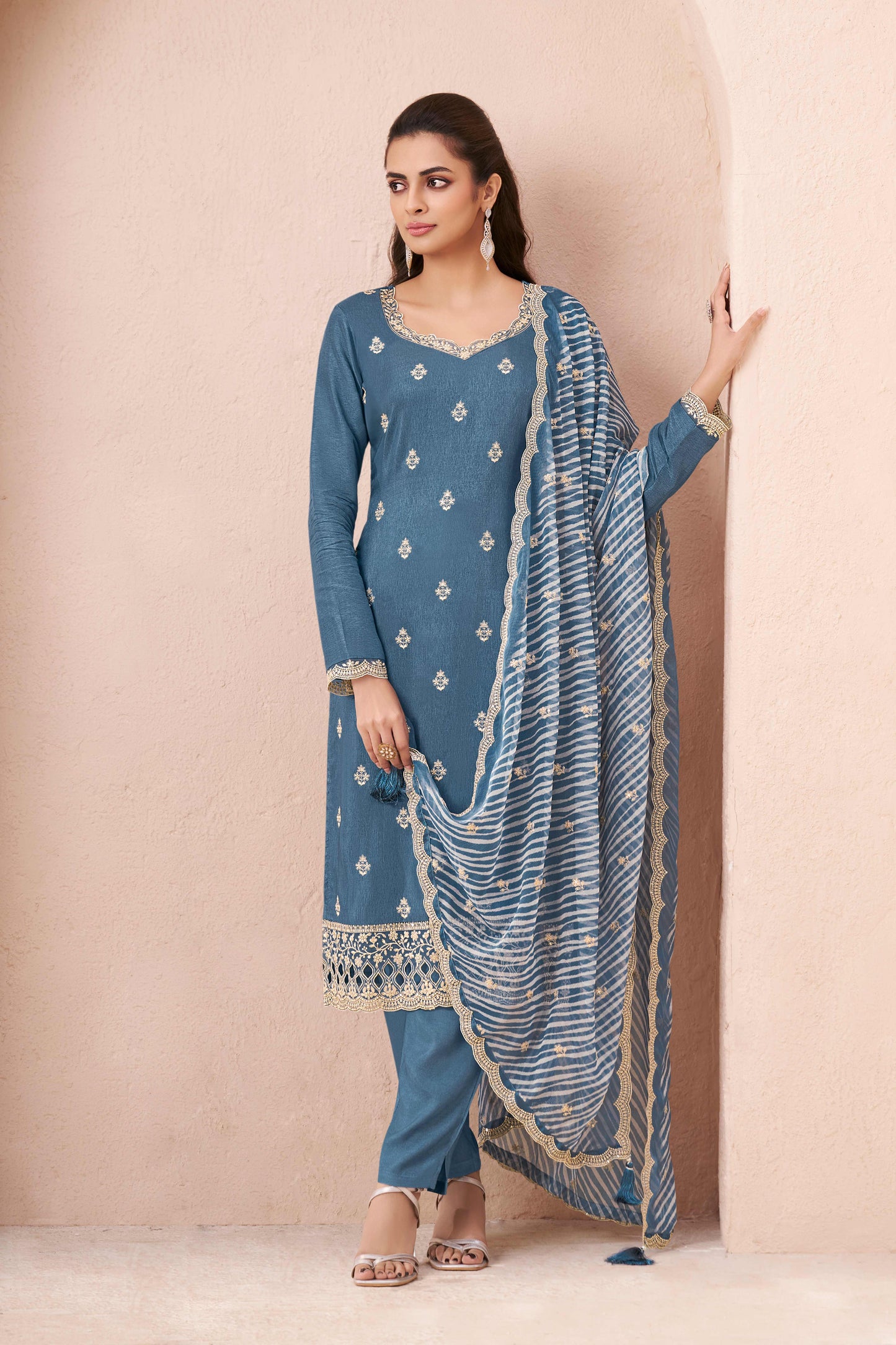 Blue munga silk embroidered chudidhar material with printed dupatta
