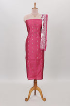 Pink zari motifs chudidhar material with matching solid pant and contrast floral dupatta