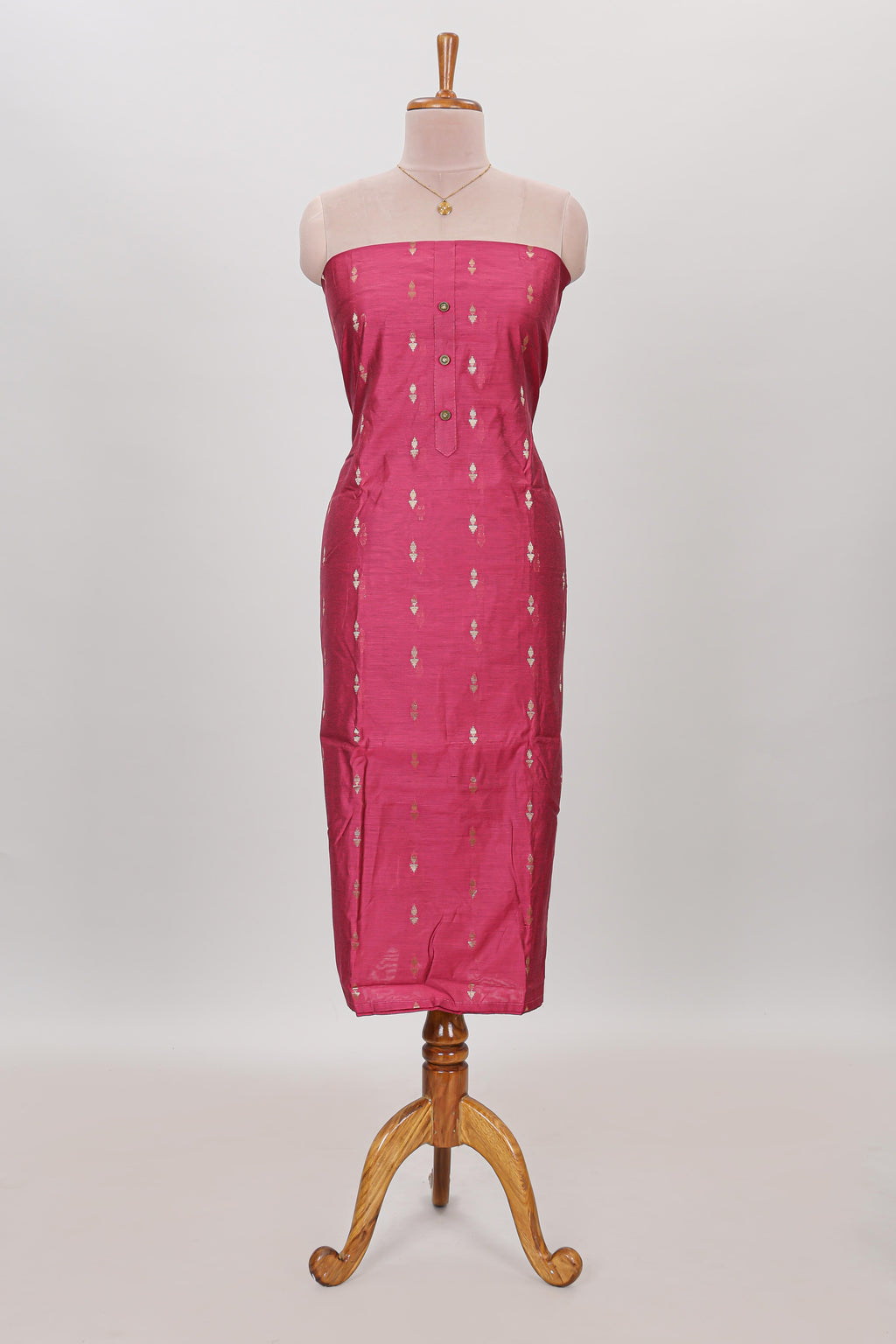 Pink zari motifs chudidhar material with matching solid pant and contrast floral dupatta