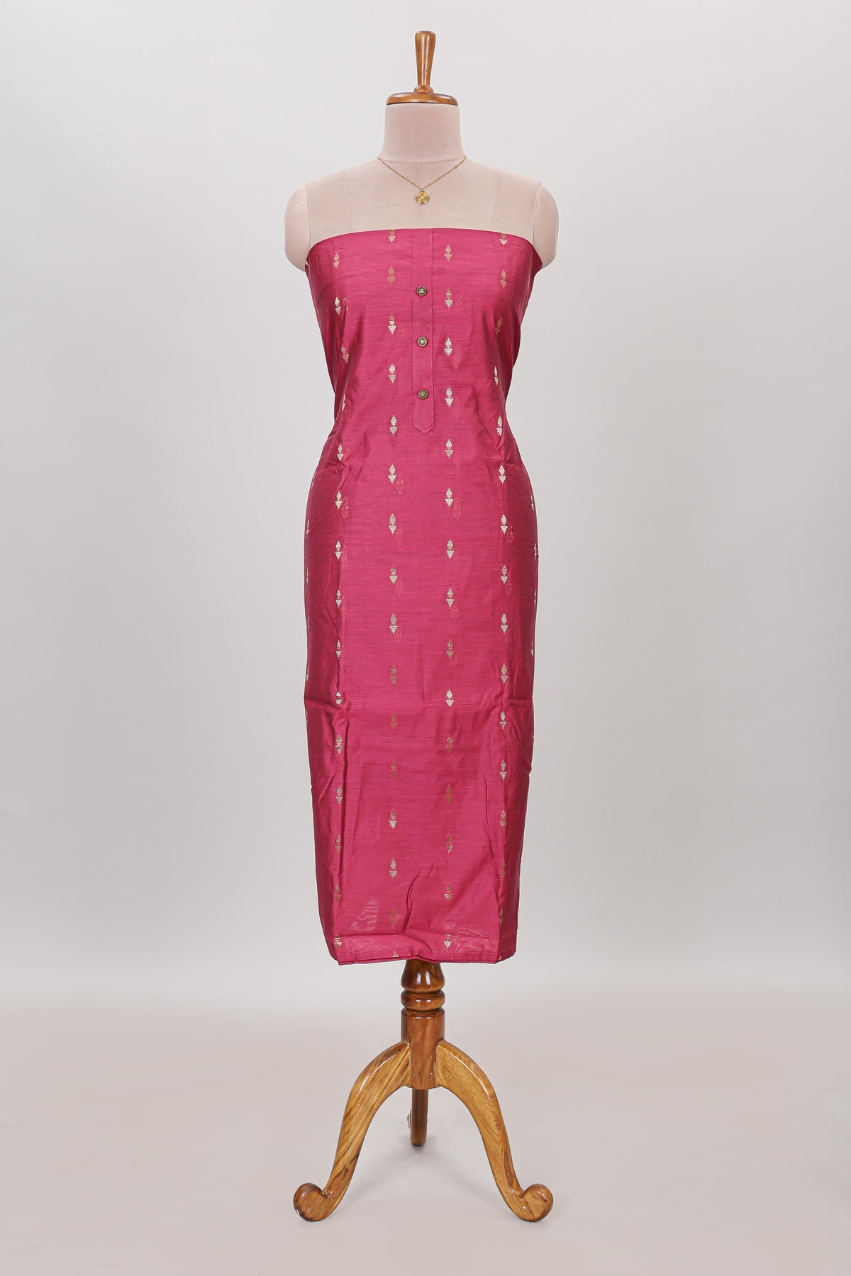 Pink zari motifs chudidhar material with matching solid pant and contrast floral dupatta