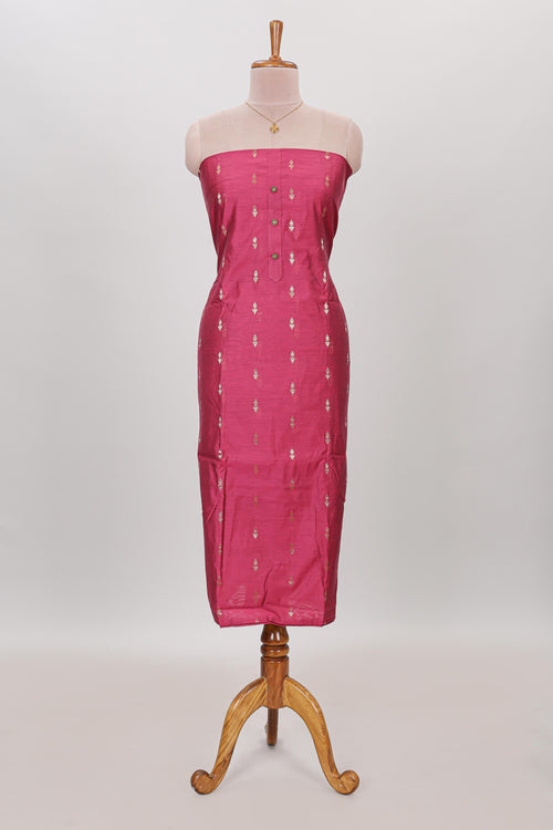 Pink zari motifs chudidhar material with matching solid pant and contrast floral dupatta