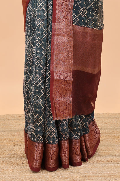 Black chanderi cotton saree with geomentric design, contrast zari border and pallu