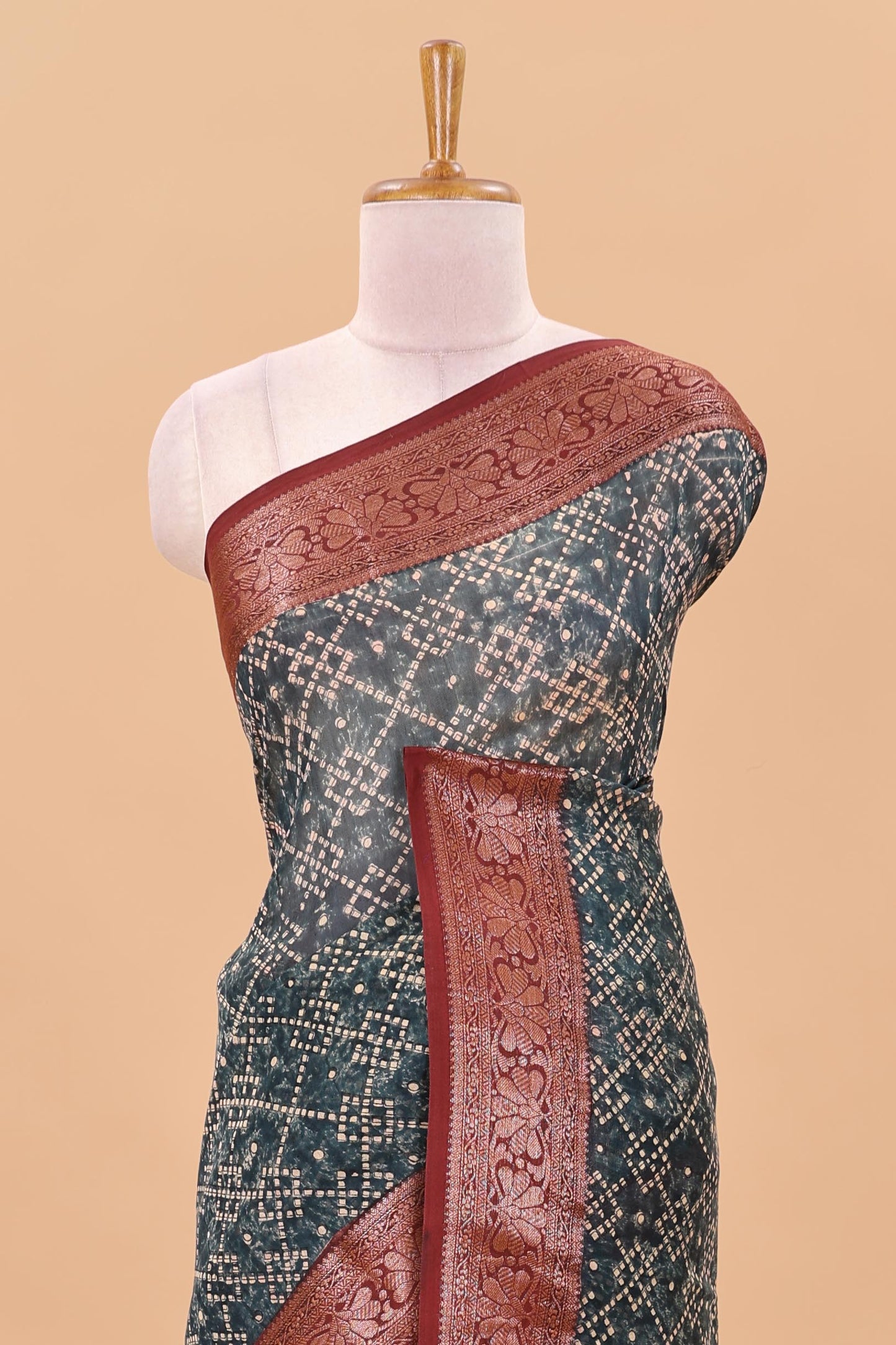 Black chanderi cotton saree with geomentric design, contrast zari border and pallu