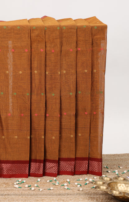 Bronze color small butta bengal cotton saree with contrast zari border and striped pallu