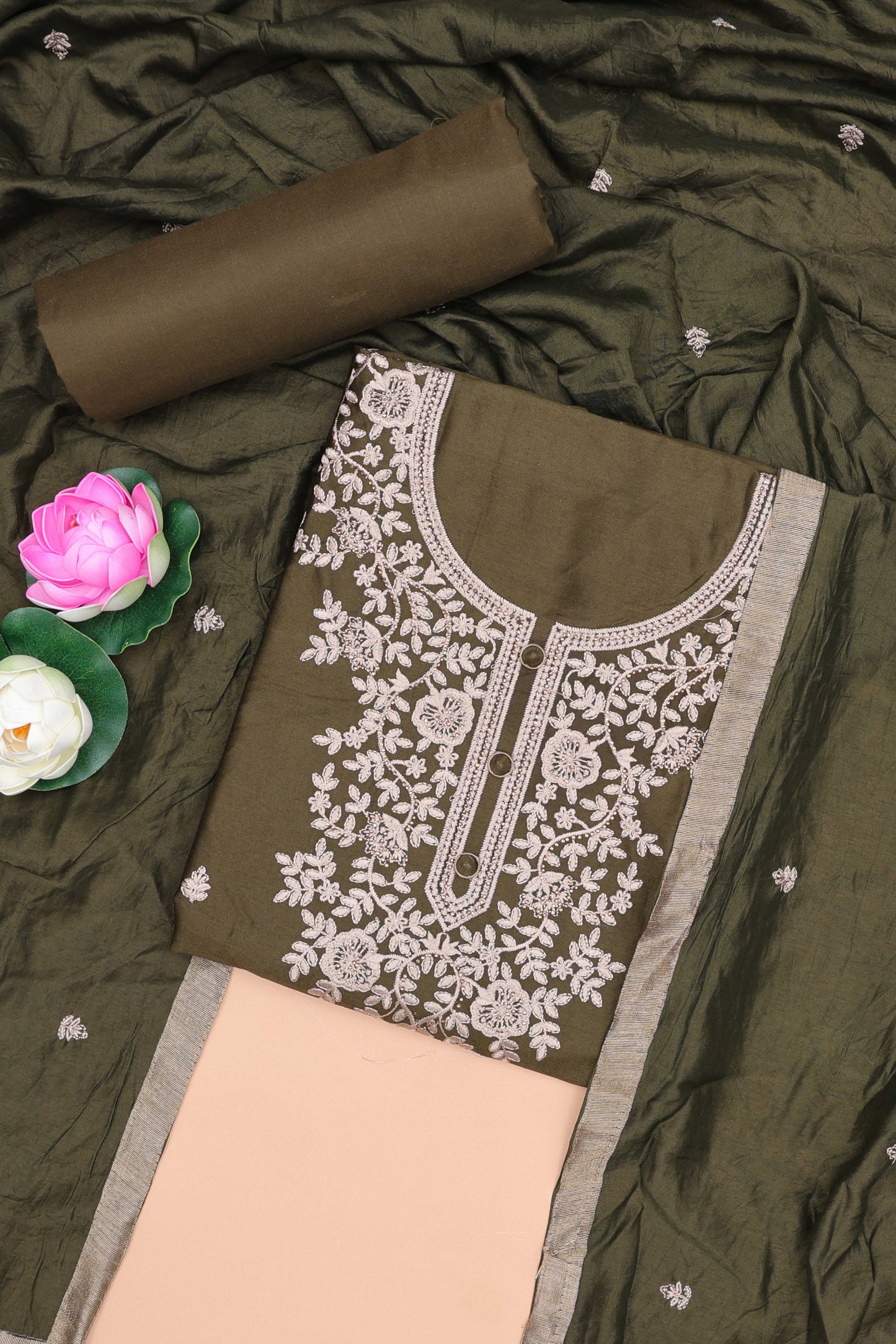 Green embroidered cotton silk chudidhar material with sequin thread work and contrast dupatta