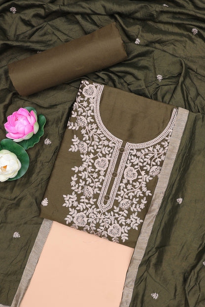 Green embroidered cotton silk chudidhar material with sequin thread work and contrast dupatta