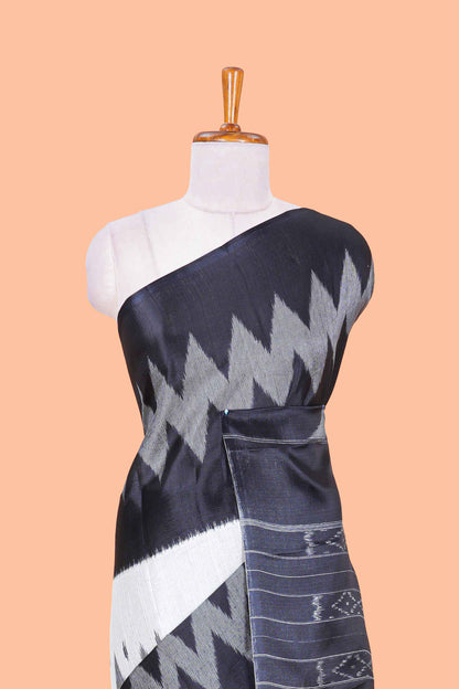Black & white geometric ikkat style south cotton saree with striped pallu and blouse