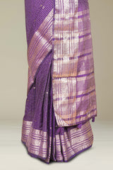Violet Georgette Saree Golden Zari Check Pattern And Small Butta Across The Body With Zari Weaving Stripes Pallu