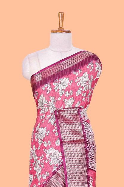 Pink Dola Silk Saree  Floral Printed With Jacquard Border