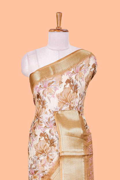 Brown Semi Banaras Dola Silk Floral Printed With Jacquard Border