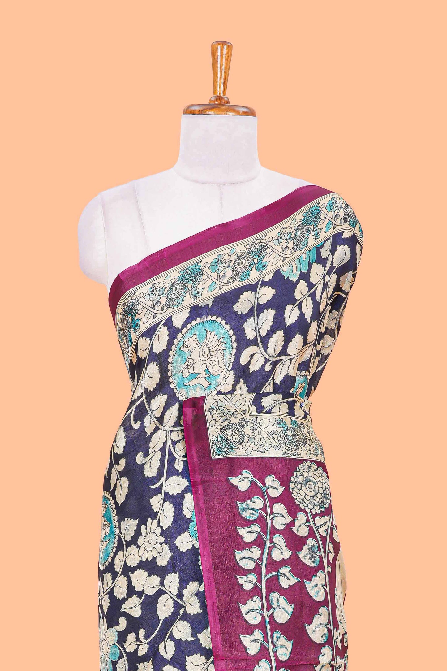 Blue floral vine kalamkari style south cotton saree with contrast border and blouse
