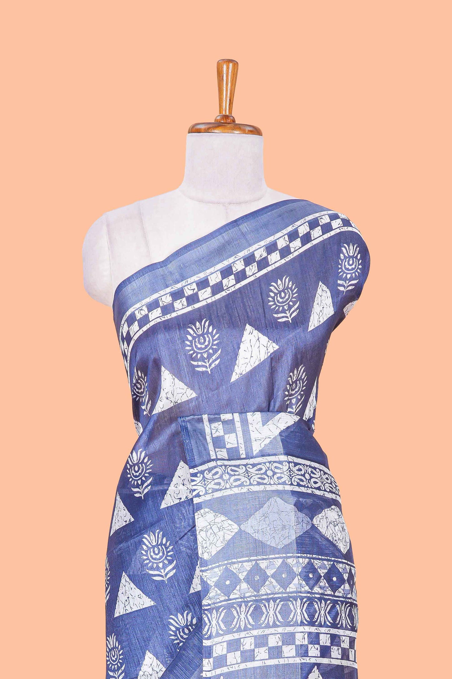 Blue floral and geometric print south cotton saree with self border and matching blouse