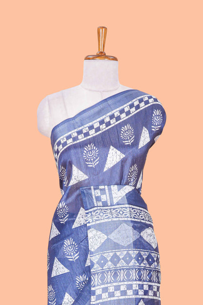Blue floral and geometric print south cotton saree with self border and matching blouse