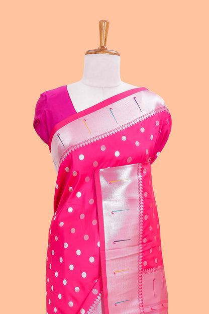 Rani Pink Semi Banarasi Paithani Saree Silver Zari Paisa Motifs Across The Body & Paithani Pallu Along With Blouse