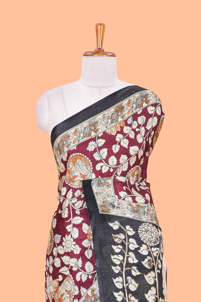 Maroon floral vine kalamkari style south cotton saree with contrast border and blouse