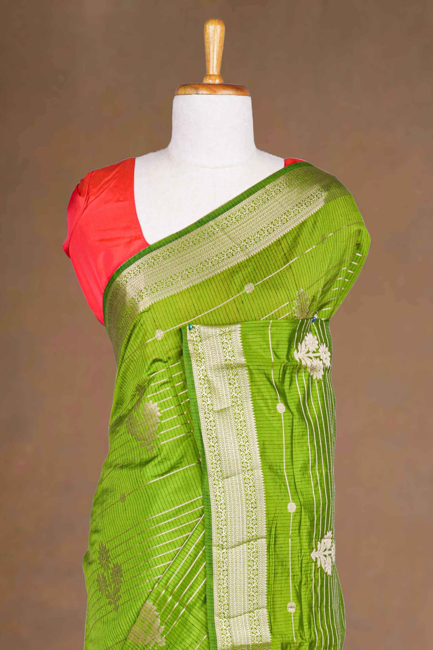 green raw silk with golden zari