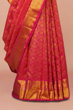 Rani Pink Swayamvara Pattu Gold Zari Floral Motifs Jacquard Work With Zari Woven Border