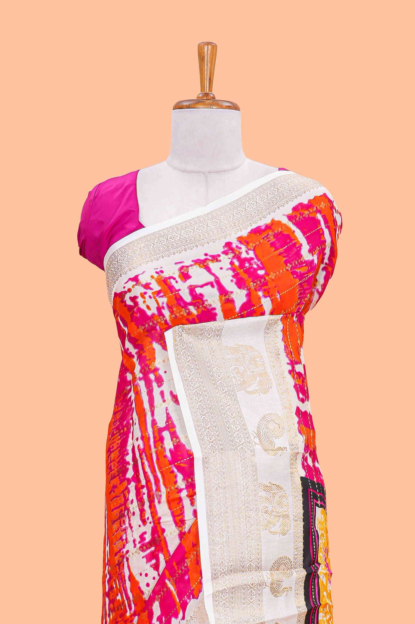 Dolo Silk Saree With tie and dye Abstract Print all Over Body with Kanchipuram Border and Rajastani Village art Pallu and Floral Print Blouse