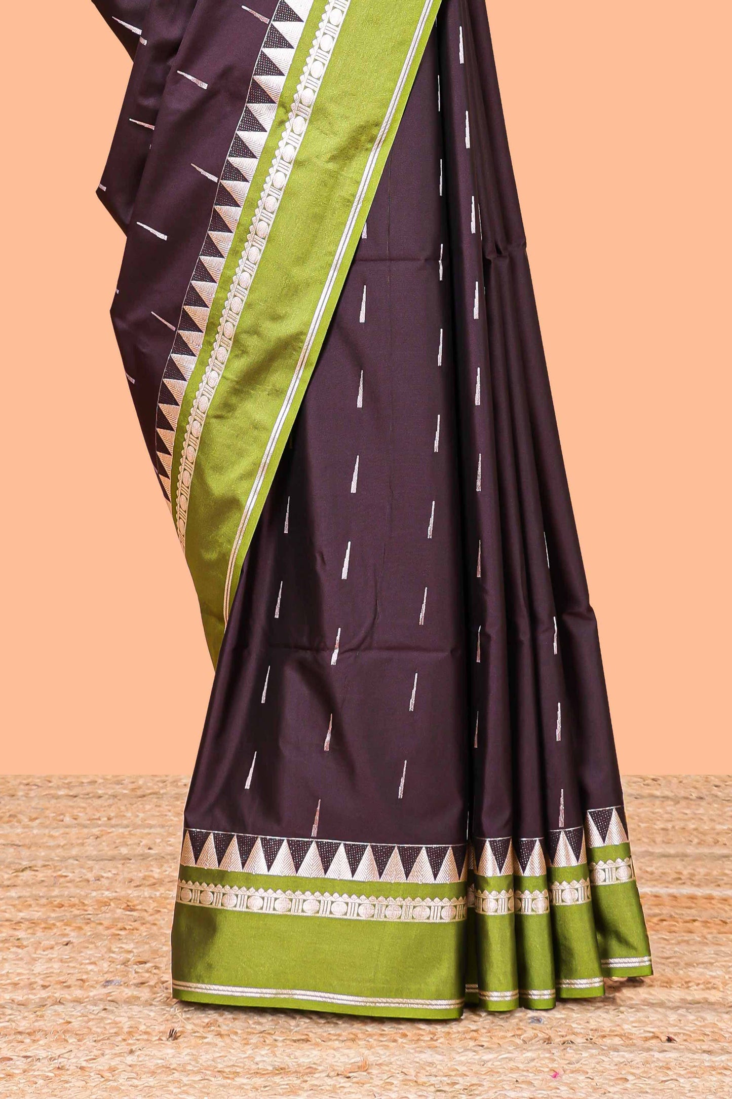 Wine Semi Soft Silk Saree All Over Zari Buttas Contrast Temple Border