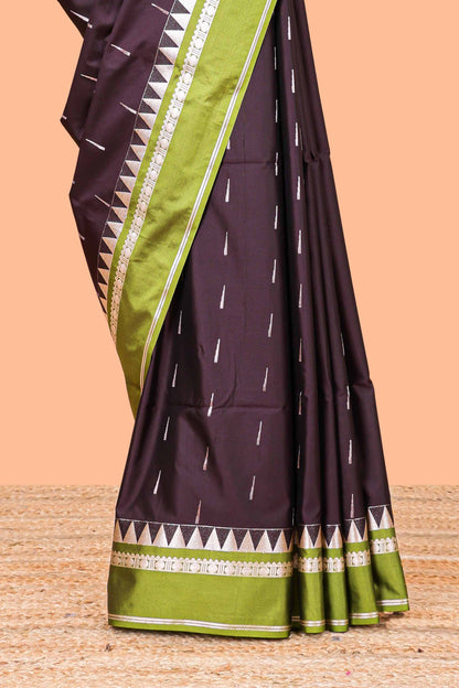 Wine Semi Soft Silk Saree All Over Zari Buttas Contrast Temple Border