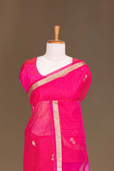Pink Munga Cotton Zari Butta With Gold Zari Floral Design Pallu