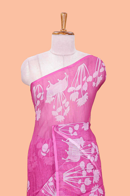 Purple Linen Cotton Body Flower Print With Border Pichwai and Lotus Flower Print and Printed Blouse