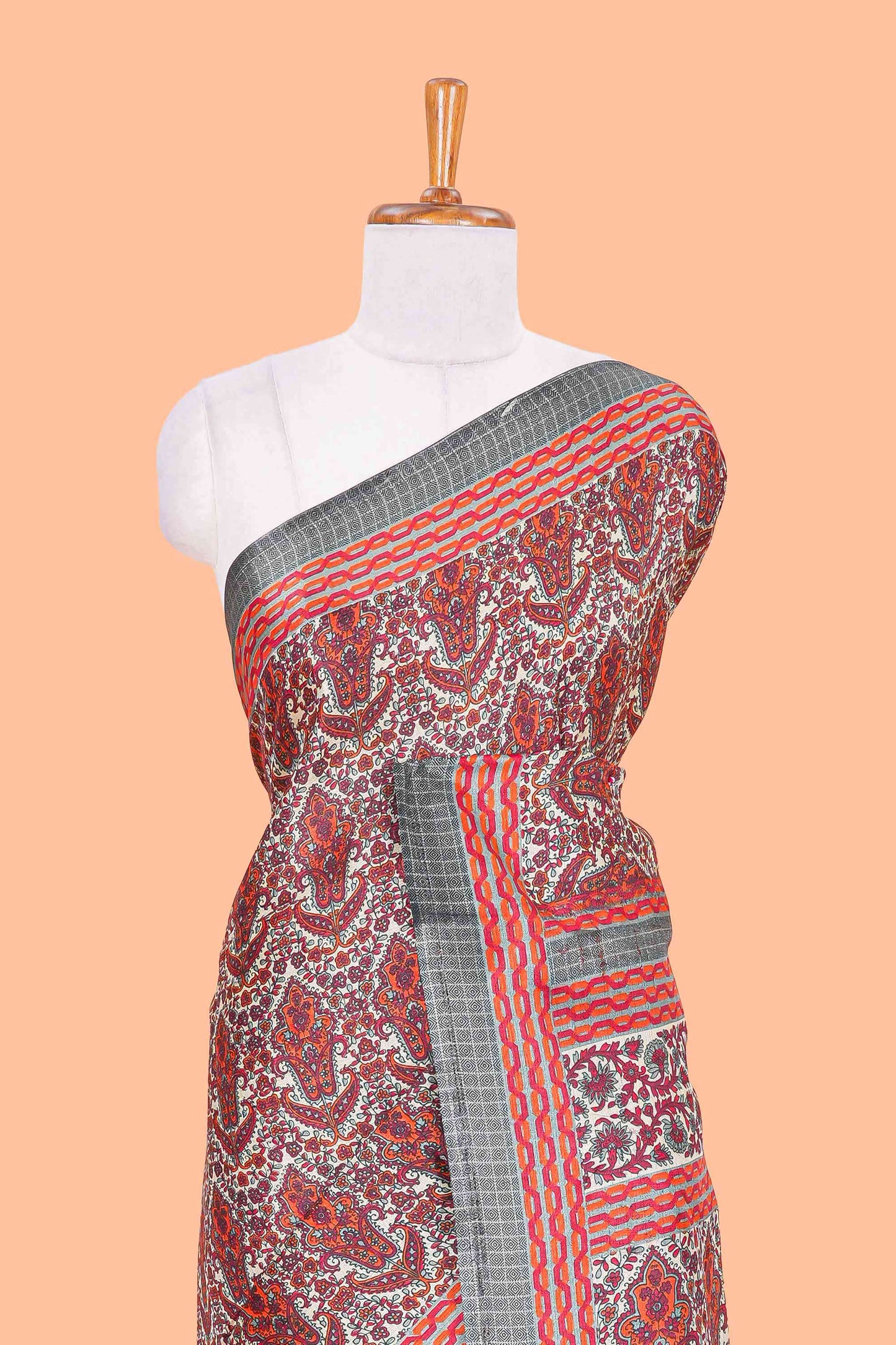 Cream pashmina print south cotton saree with contrast border and blouse