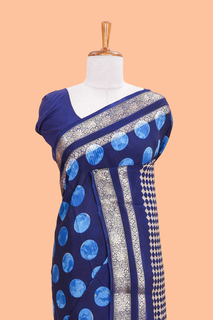 Blue Semi Chiffon Saree All Over Moon Design And Retta Petta Border