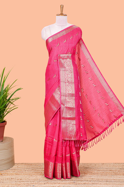 Pink checked peacock zari butta art raw silk saree with zari border and matching blouse