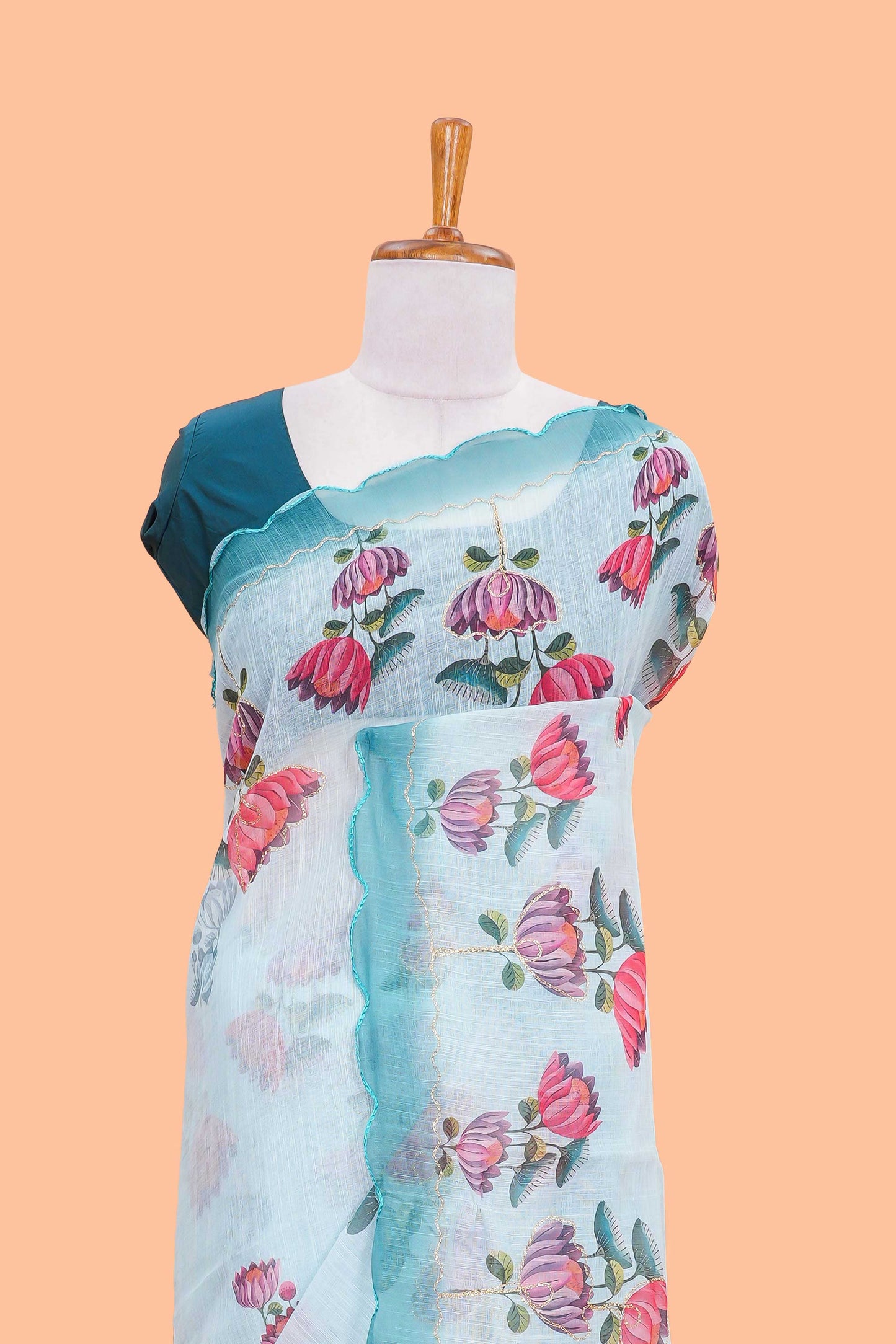 Linen Saree Body Printed With Outing Zari With Piping Cut Work