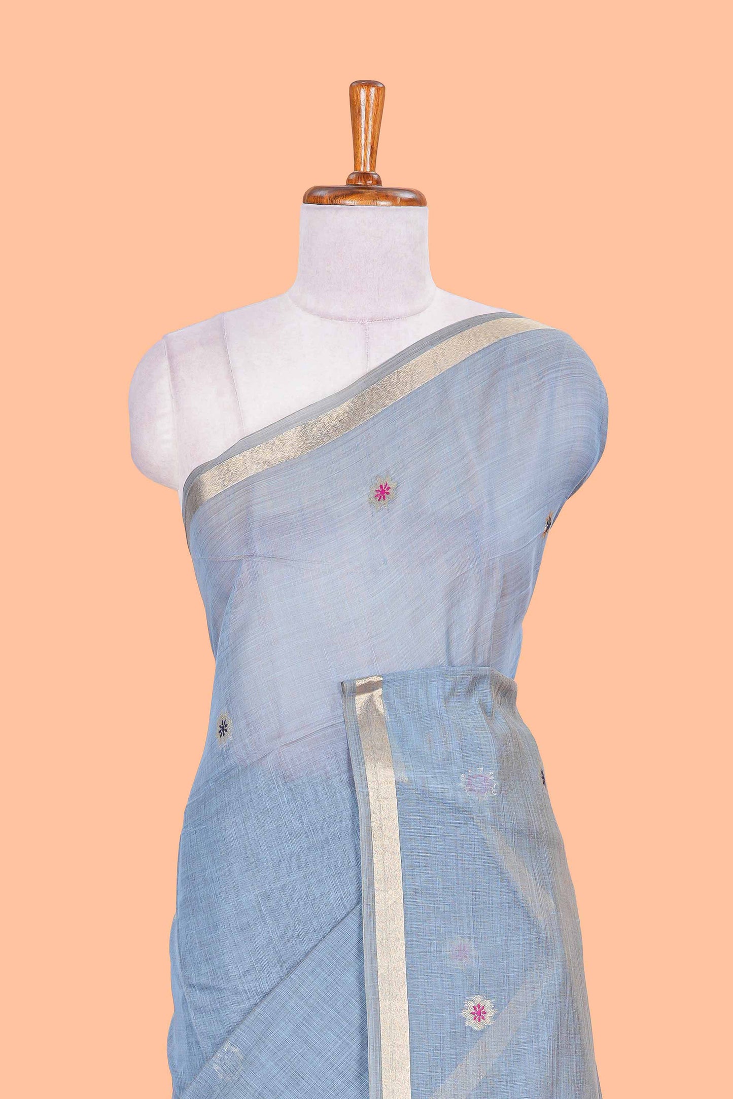 Blue floral design motifs munga cotton saree with self zari border and floral printed pallu