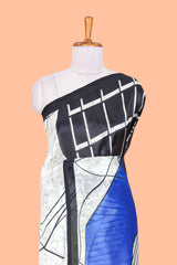 White geometric art lichi silk saree, contrast border and blouse and printed pallu