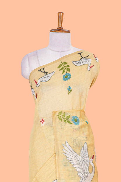Borderless sandal floral and birds design munga cotton saree with floral and crane printed pallu and matching blouse