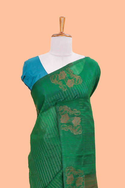 Green Raw Silk Saree Golden Zari Stripes Across The Body And Diamond Motifs Pallu