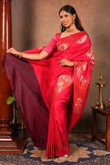 Rani pink Semi Silk Saree Gold Zari Woven Paisley Motifs with Woven Zari Border and Contrast Blouse