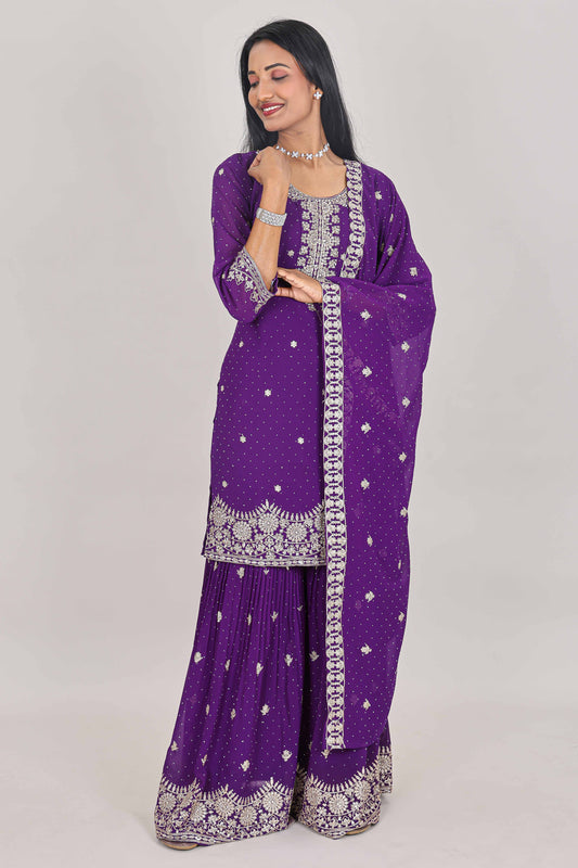 Violet floral embroidered sharara set with 3/4 sleeves, U-neck top and dupatta