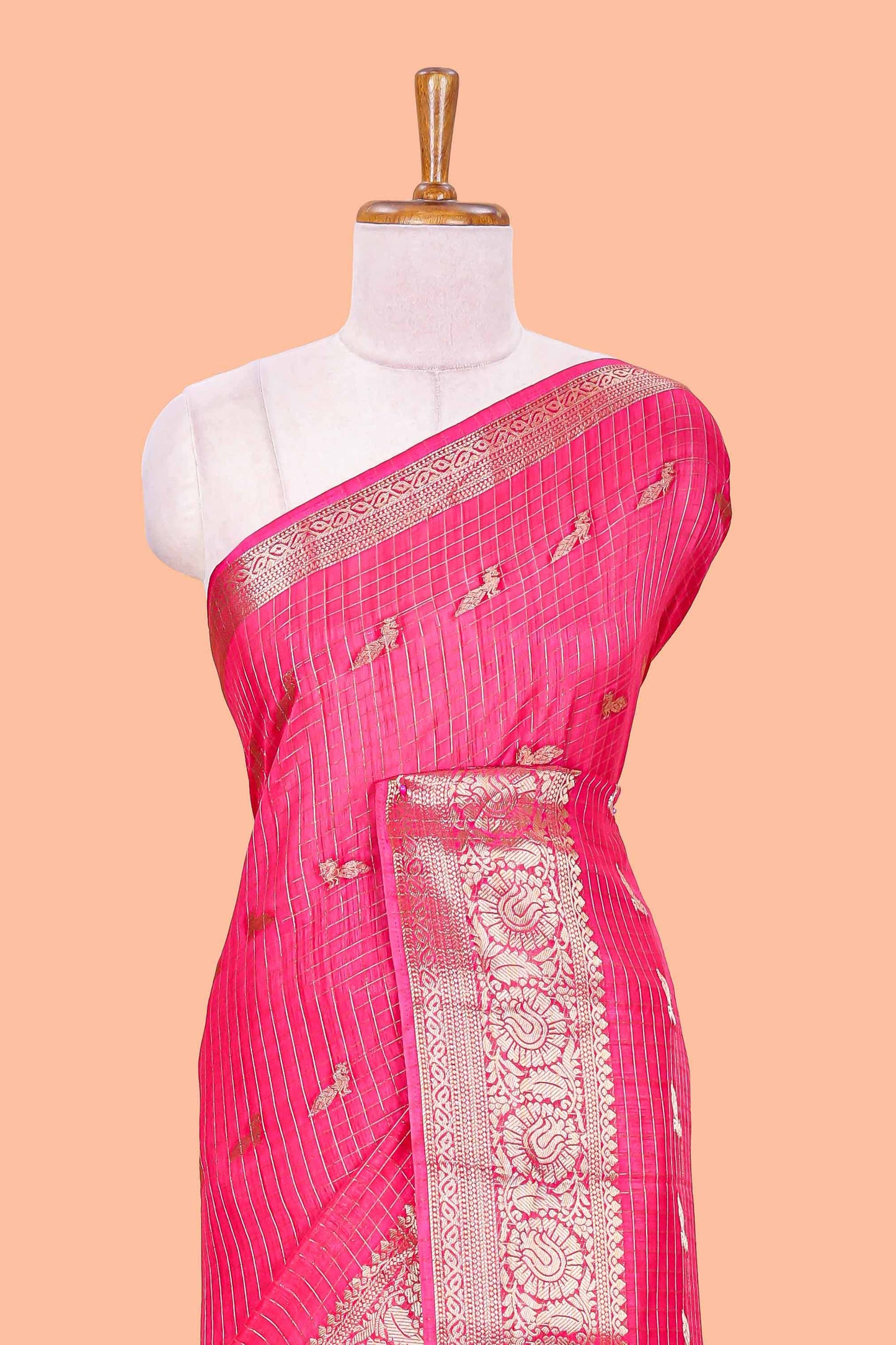 Pink checked peacock zari butta art raw silk saree with zari border and matching blouse
