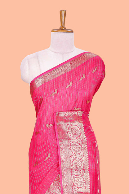Pink checked peacock zari butta art raw silk saree with zari border and matching blouse