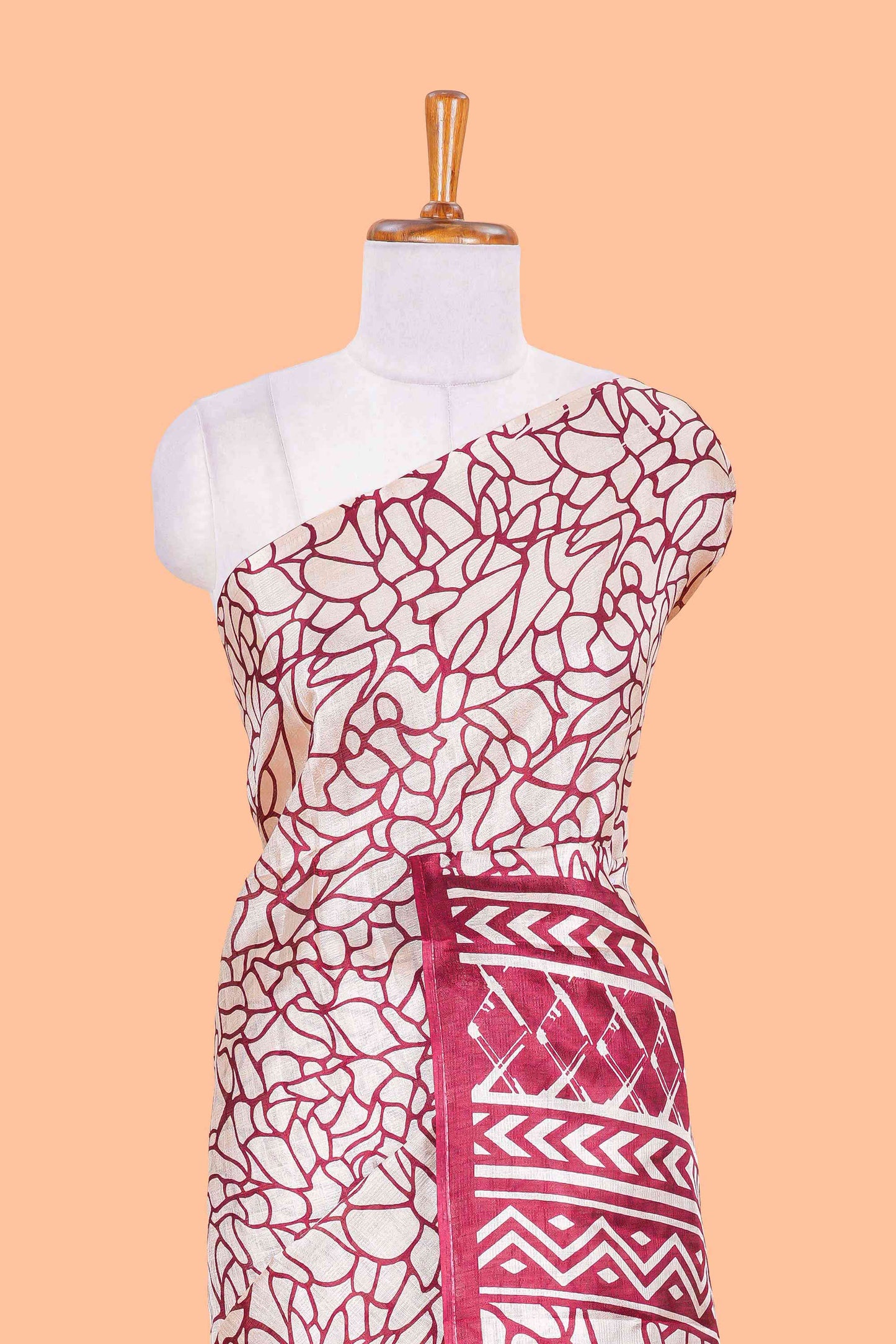 Cream With Maroon Khadi Cotton Abstract Print Design In Body and Pallu