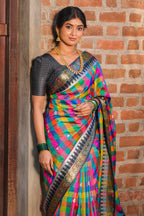 Multicolor checked floral motifs design kathan silk saree with contrast floral design border and zari motis blouse
