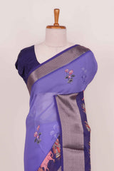 Lavender Semi Chiffon Saree pattachitra Printed Across The Body and Jacquard Border Along With Floral Design and Blouse