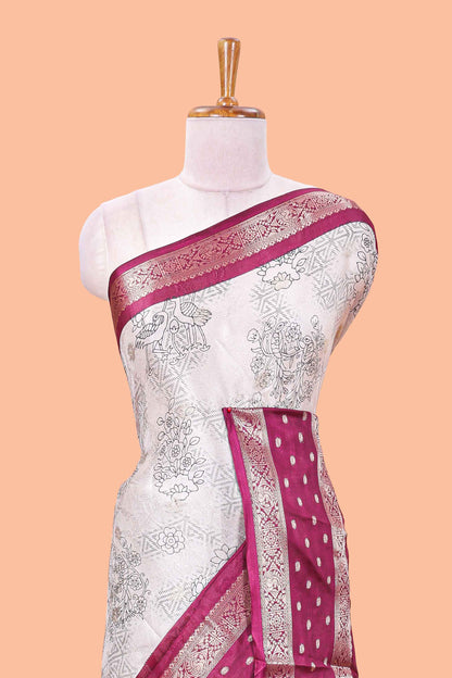 Wine Mars Georgette Body Floral Print With Contrast Bentex Border Above Kalamkari Print With Kalamkari Pallu