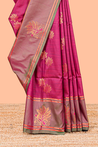 Pink Semi Soft Silk Saree Body All Over Leaf Motifs Zari Butti And Bentex Border With Grand Zari
